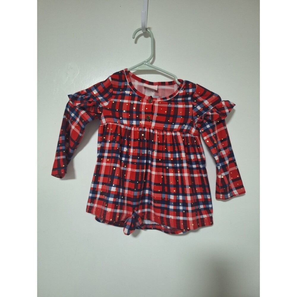 Little Lass Toddler Girls Plaid Peplum Top 2T Red Gold Glitter Ruffle Tie Hem‎